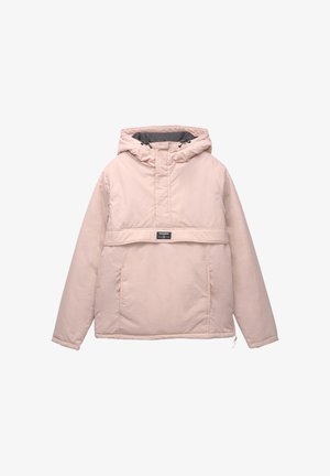 Giacca a vento rosa chiaro realizzata in tessuto leggero, con una tasca frontale, cordini regolabili e collo con zip.