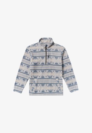 Fleece mikina v světle modré a krémové barvě s geometrickými vzory. Má vysoký límec, polo-zapínání na zip a přední kapsy.