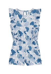 Mėlynas ir baltas romperis su gėlėmis, turintis raukšles pečių srityje, elastingą juosmenį ir trumpas kojines.