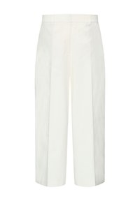 Pantaloni bianchi a vita alta realizzati in tessuto morbido, con una vestibilità ampia, pieghe ripiegate e tasche laterali.
