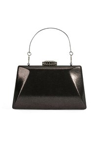 Zwarte, geometrische avondtas met een glanzende afwerking, metalen beslag en een gestructureerde silhouet. Voorzien van een handvat aan de bovenzijde en een sluiting met een gesp.