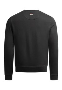 Black long-sleeve crewneck sweatshirt with ribbed cuffs and hem, featuring a small red, white, and navy tag at the neckline.