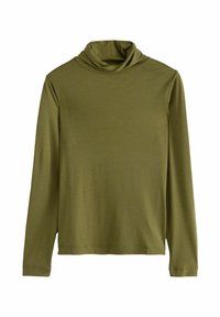 Olivgrön långärmad polotröja gjord av mjuk, elastisk tyg; har en draperad krage och en avslappnad passform.