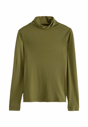 Olivgrön långärmad polotröja gjord av mjuk, elastisk tyg; har en draperad krage och en avslappnad passform.