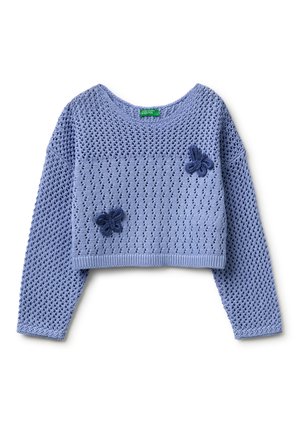 Suéter corto de manga larga tejido en color púrpura claro con aplicaciones de mariposas en el frente y escote redondo.