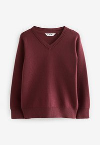 Maglione borgogna con scollo a V, maniche lunghe e polsini e orlo a coste. Realizzato in un tessuto a maglia liscia con una finitura pulita.