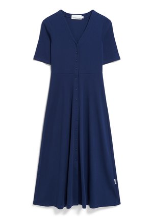 Robe courte bleu marine à manches courtes avec un col en V et un devant boutonné. Jupe évasée, texture douce, et une étiquette à l'ourlet.