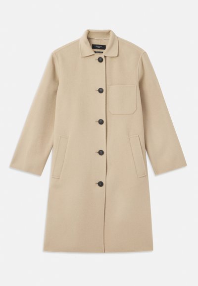 Beige wool coat with long sleeves, button closure, single chest pocket, and two side pockets. Textured fabric and round collar design.