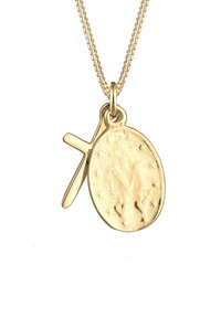 Ogrlica z obeskom v zlati barvi, ki vključuje ovalni disk in obesek v obliki križa, teksturirano površino in nežno zasnovo verižice.