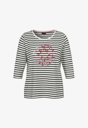Weißes und schwarzes, horizontal gestreiftes Langarmshirt mit rundem Ausschnitt und rundem roten und pinken Textdesign auf der Brust.