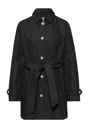Trench-coat noir mi-long avec col, fermeture à boutons, ceinture ajustable et poignets boutonnés.
