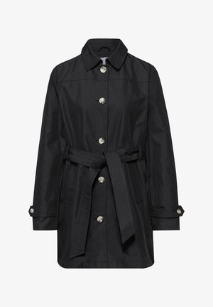 Trench-coat noir mi-long avec col, fermeture à boutons, ceinture ajustable et poignets boutonnés.