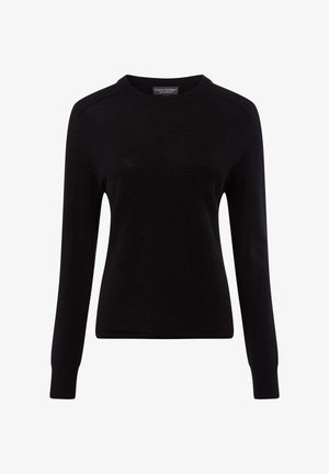 Schwarzer Strickpullover mit langen Ärmeln, rundem Ausschnitt und gerippten Bündchen. Aus weichem Stoff gefertigt, mit minimalistischem Design und ohne sichtbare Muster.