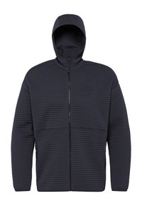 Sweat à capuche matelassé bleu foncé avec fermeture éclair frontale et manches longues, présentant un motif quadrillé texturé et une capuche attachée.