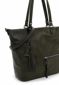 Borsa tote in pelle verde oliva con doppio manico superiore e tracolla staccabile, dotata di tasca con zip anteriore e dettaglio con nappina.