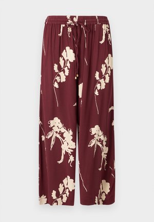 Pantaloni a gamba larga bordeaux realizzati in tessuto leggero con un motivo floreale crema, cintura elastica con cordino e due tasche laterali.