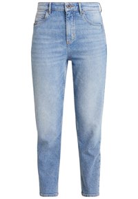 Svetle modré denimové džíny s vysokým pasem, rovnými nohavicemi a mírným vyblednutím. Obsahují zapínání na knoflík a klasický pětikapsový design.