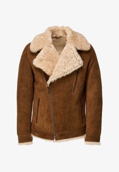 Braune Wildlederjacke mit einem Lammfellkragen, zwei Reißverschlusstaschen und einer strukturierten Oberfläche, mit einem weichen Futter an Saum und Ärmelbündchen.
