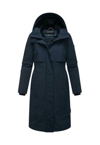 Manteau long marine avec fermeture éclair, capuche et deux poches avant. Tissu texturé avec doublure intérieure contrastante et manches ajustables.