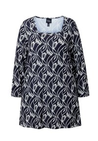 Tunic blu navy con un motivo astratto a foglie bianche, con scollatura quadrata e maniche a tre quarti, realizzata in tessuto leggero.