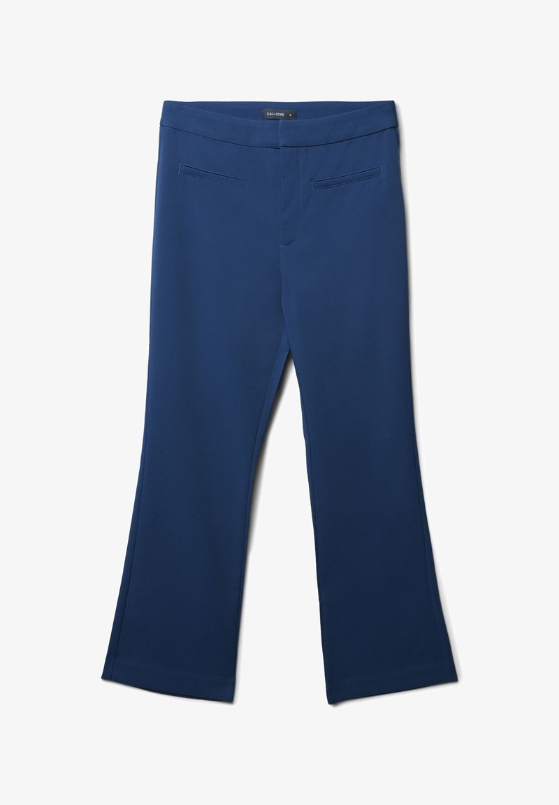 Pantaloni a zampa d'elefante blu navy realizzati in un materiale liscio, con due tasche frontali e una vita piatta.