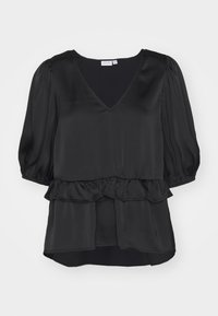 Blusa nera con scollo a V, maniche a sbuffo e orlo arricciato. Realizzata in tessuto liscio, presenta un design fluido e una consistenza morbida.