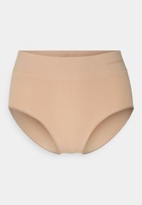 Beige organic cotton high-waisted underwear with a smooth, stretchy texture and wide waistband. Subtle branding on the waistband.