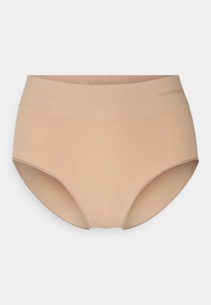 Beige økologisk bomulls høyde underbukser med en glatt, elastisk tekstur og bred midjebånd. Subtil merkevare på midjebåndet.