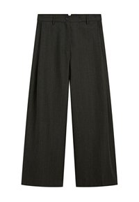 Donkergrijze wijde broek met subtiele streepjes, sluiting met knoop en rits aan de voorkant, en zakken aan de zijkant.