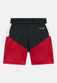Black and red athletic shorts featuring a textured design, elastic waistband, and contrasting white side accents. "CLIMACOOL" logo displayed.