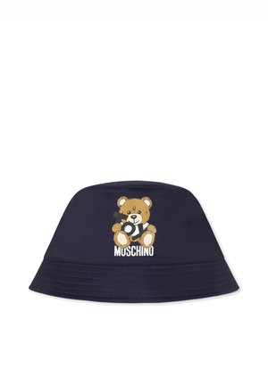Cappello a secchiello blu navy realizzato in tessuto, con una grafica di un orso e il testo "MUSCHINO" sul davanti. Texture liscia con visiera cucita.