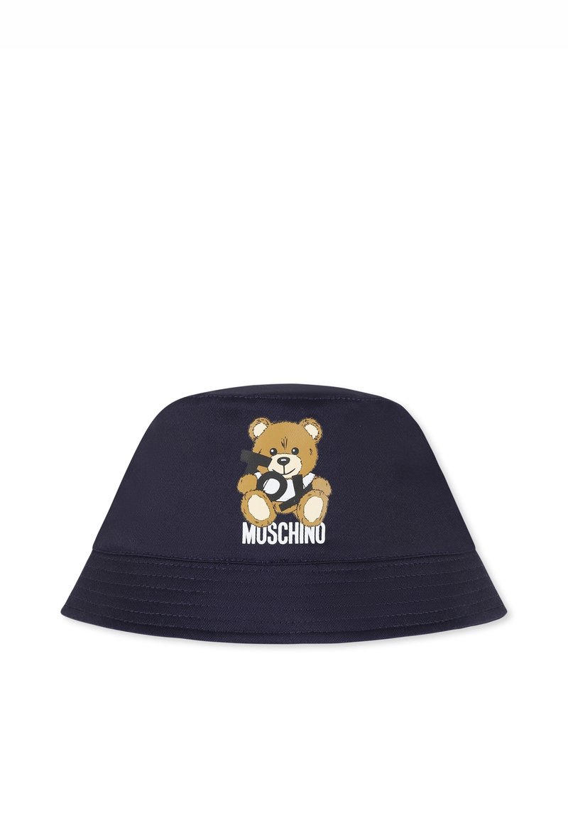 Cappello a secchiello blu navy realizzato in tessuto, con una grafica di un orso e il testo "MUSCHINO" sul davanti. Texture liscia con visiera cucita.