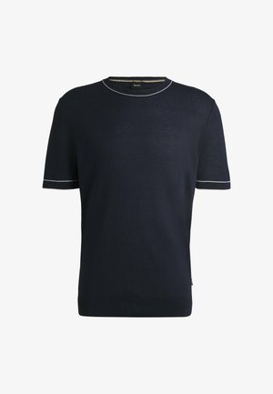 Navyblauer kurzärmeliger Strickpullover mit Rundhalsausschnitt, ausgestattet mit kontrastierenden weißen Nähten entlang des Kragens und der Ärmelenden.