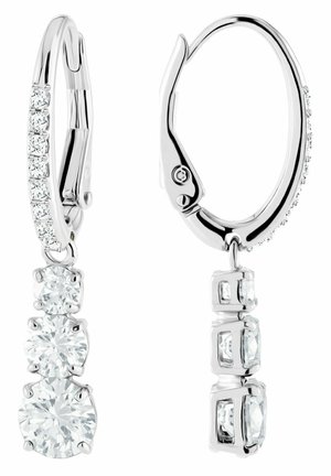 Silver hoop earrings with a triple descending round-cut diamond drop and small diamonds encrusted along the hoop's front side.