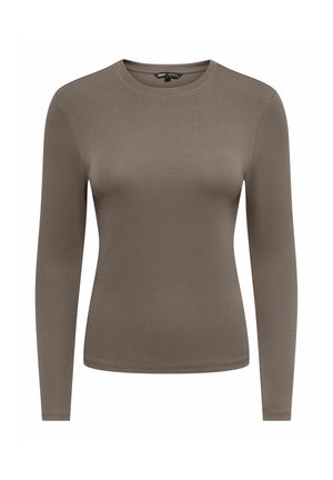 T-shirt ajusté à manches longues avec col rond en marron uni, design sans coutures et sans motifs ni logos visibles.