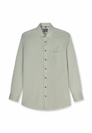 Herren Langarm-Hemd mit geometrischem Muster, spitzem Kragen, Brusttasche und dunklen Knöpfen auf hellem Stoff.