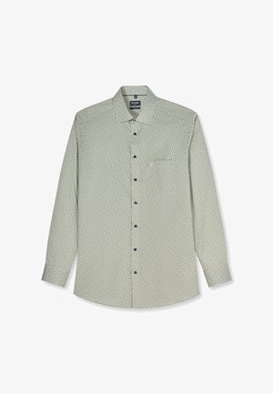 Herren Langarm-Hemd mit geometrischem Muster, spitzem Kragen, Brusttasche und dunklen Knöpfen auf hellem Stoff.