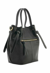 Borsa a mano in pelle nera con forma strutturata, dettagli con zip dorate, manici doppi e tracolle regolabili su ciascun lato. Tessuto morbido.