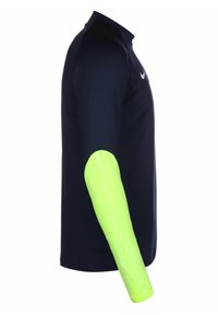 Langsleeve shirt met een marineblauwe body en een fel neon groene patroon mouw, gemaakt van een glad, rekbaar materiaal.