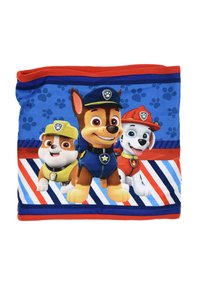 Fleece dekentje met cartoon honden in politieuniformen op een blauwe achtergrond, met rood-witte gestreepte accenten en pootafdrukpatronen.