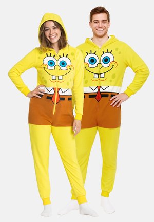 Pigiami in pile gialli con design di SpongeBob SquarePants, dotati di cappuccio, zipper frontale e sezione dei pantaloni in marrone a contrasto.