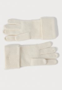 Guantes de punto blancos con puños acanalados, de cinco dedos y con una textura suave, diseñados para proporcionar calor y comodidad.