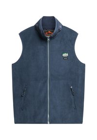 Granatowa kamizelka z polaru z wysokim kołnierzem, zapinana na zamek z przodu, z dwiema bocznymi kieszeniami na zamek. Z przodu znajduje się mała naszywka z logo marki. Miękka w dotyku.