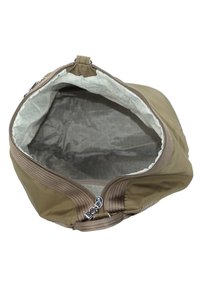 Sac zippé beige avec un extérieur en tissu lisse et une doublure intérieure à motifs. La fermeture éclair et les coutures sont renforcées pour plus de durabilité.