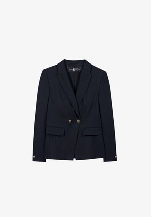 Navy blazer featuring a double-breasted design, two front pockets, gold button accents, and notched lapels. Smooth fabric texture.