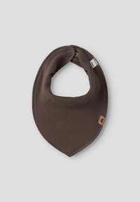 Brun ribbet halsvarmer med en trekantet form, trykknaplukning og et lille lædermærkat. Blød tekstur og fleksibelt materiale.