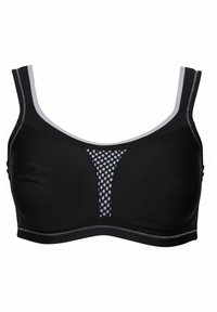 Sujetador deportivo negro con tirantes anchos, panel de malla texturizada en el centro y costuras en gris contrastante. Material suave, sin aros.
