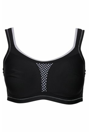 Reggiseno sportivo nero con spalline larghe, pannello in rete testurizzata al centro e cuciture grigie a contrasto. Materiale liscio, senza ferretto.