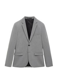 Blazer gris clair avec revers crantés, deux poches avant et une fermeture à un bouton noir. Texture lisse et intérieur partiellement doublé.