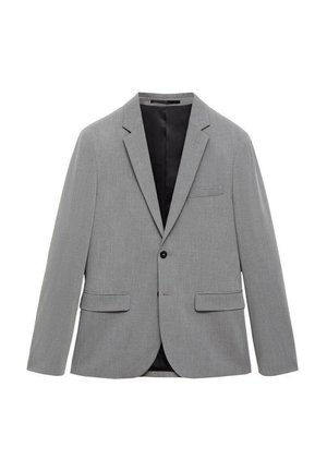 Helles graues Blazer mit Reverskragen, zwei vorderen Taschen und einem einzigen schwarzen Knopfverschluss. Glatte Textur und teilweise gefüttertes Innenfutter.